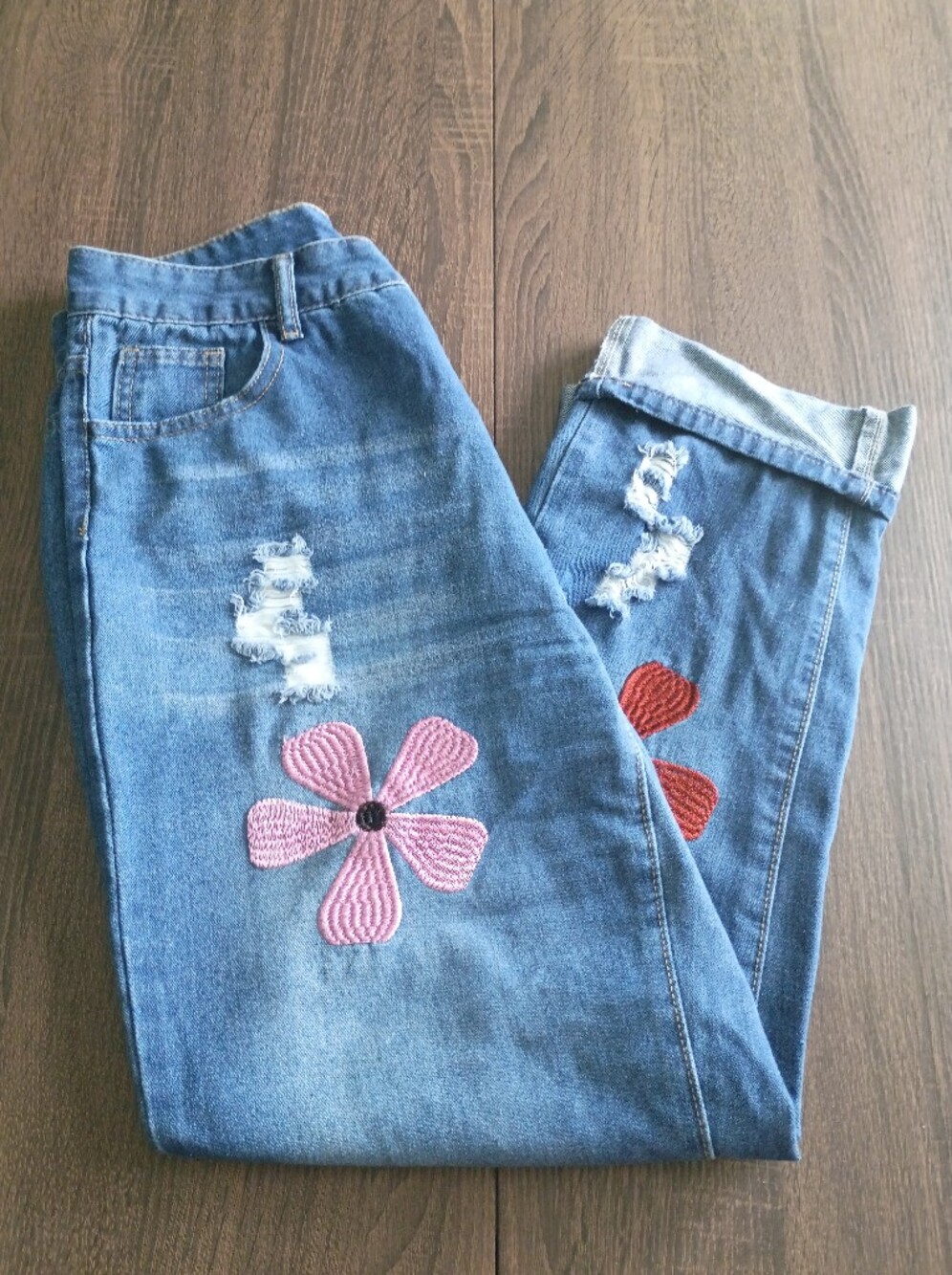 SHEIN Blue Boyfriend Jeans with Pink & Red Floral Patch